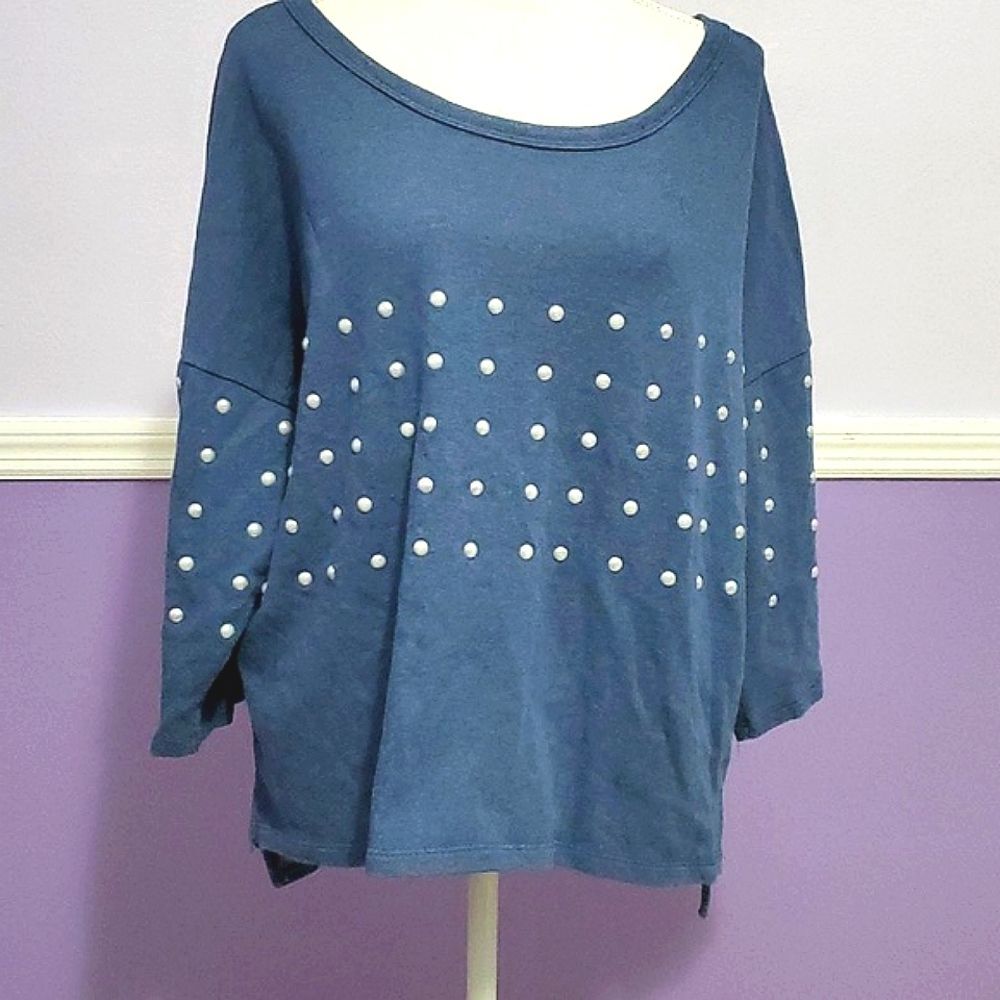 Hannah Blue Gray Boho Chic Long Sleeve Slouchy Sweater With 3D Pearls XL